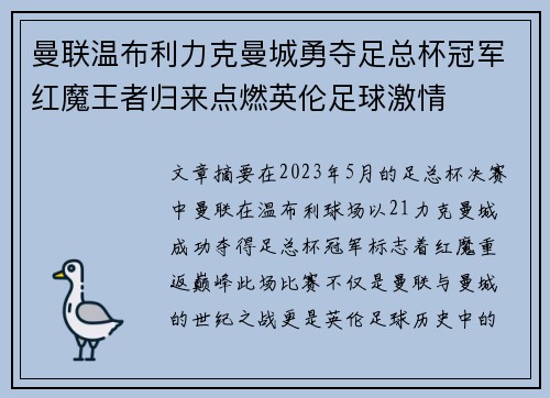 曼联温布利力克曼城勇夺足总杯冠军红魔王者归来点燃英伦足球激情